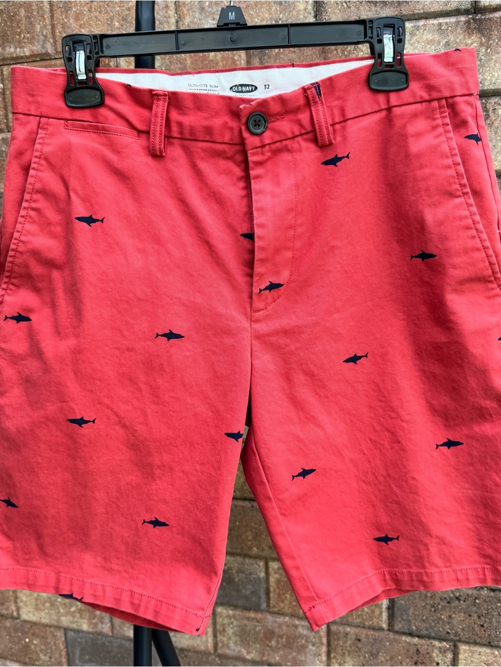 Old Navy Coral Red Men's Flat Front Shorts with Navy Shark Print
